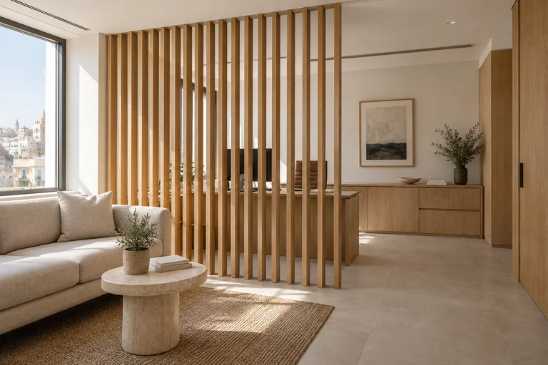 Inspiration de claustra en bois séparant une zone d’accueil d’un bureau