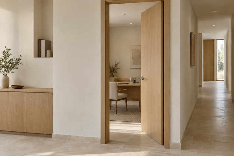 Concept de cloison pleine en plaques de plâtre avec porte en bois et rangement intégré
