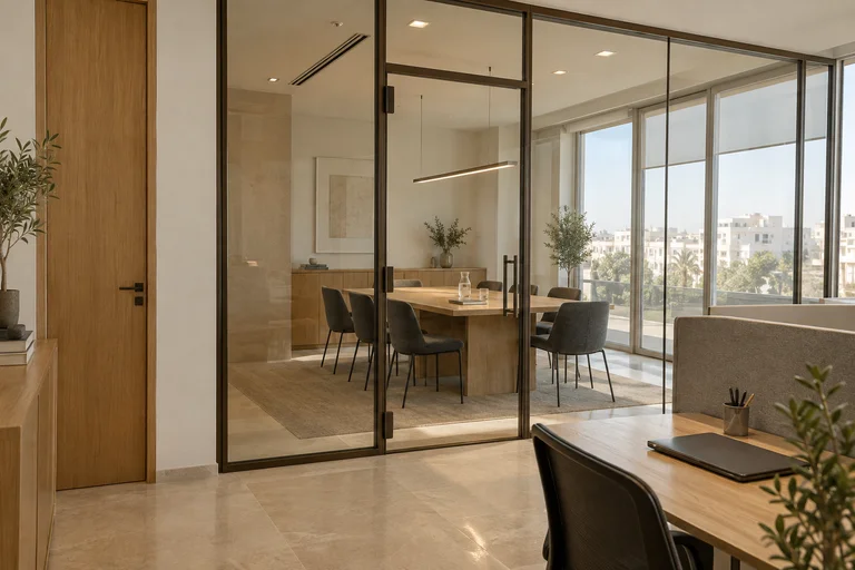 Concept de cloison vitrée avec porte et profilés aluminium bronze