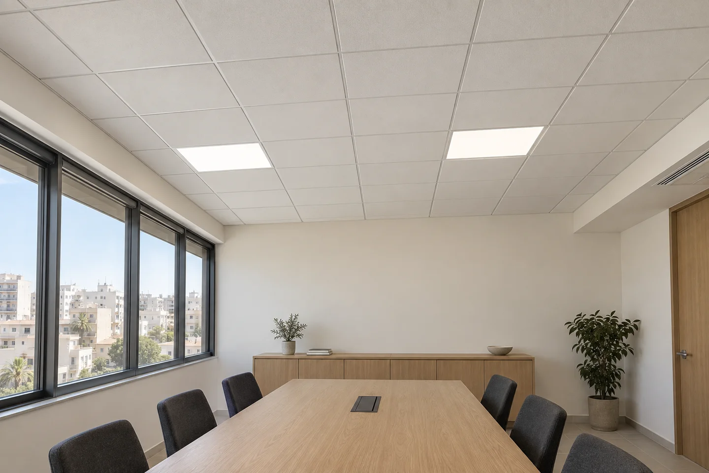 Concept de plafond démontable de salle de réunion avec dalles et panneaux lumineux