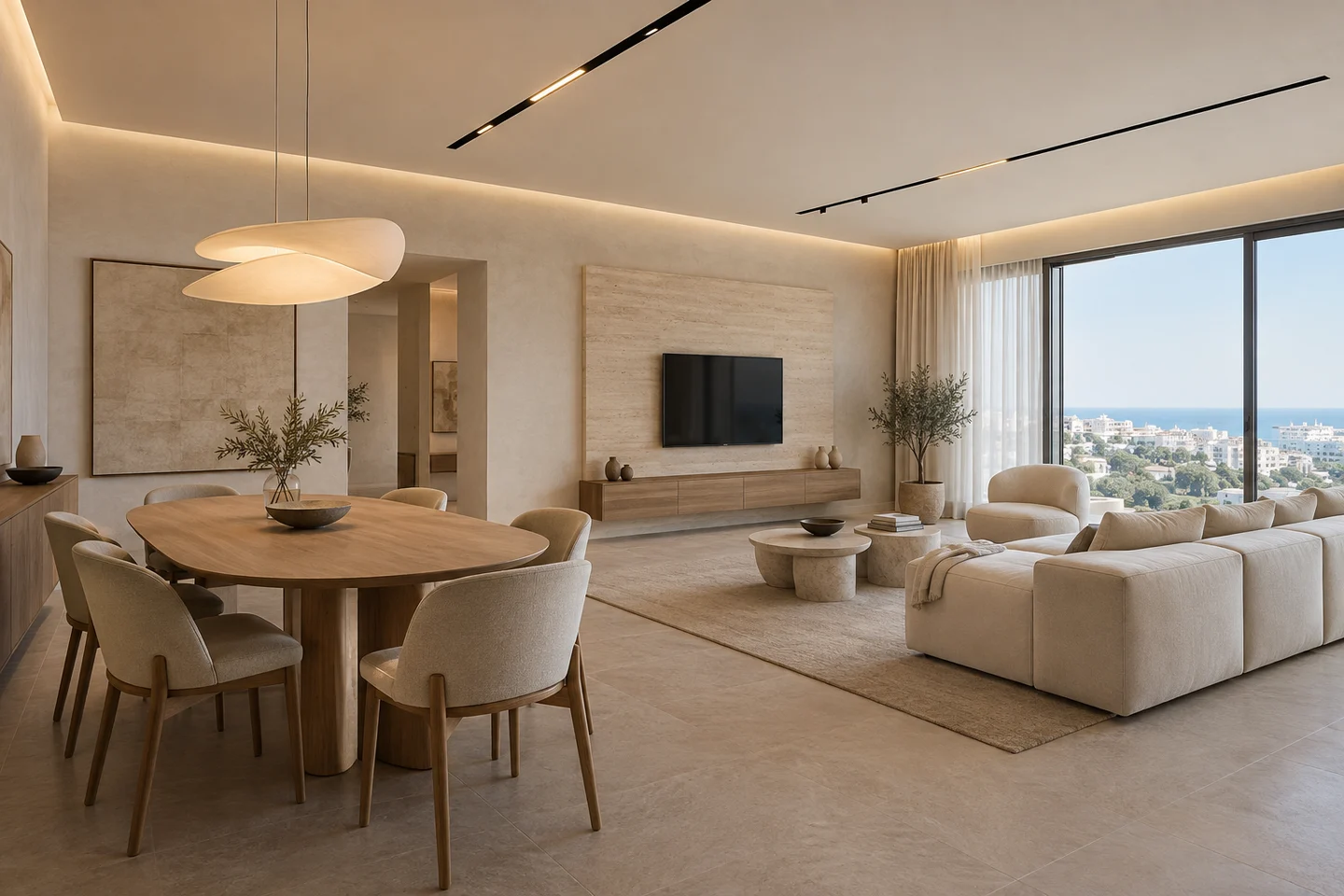 Salon avec plafond lisse, éclairage intégré et suspension sculpturale