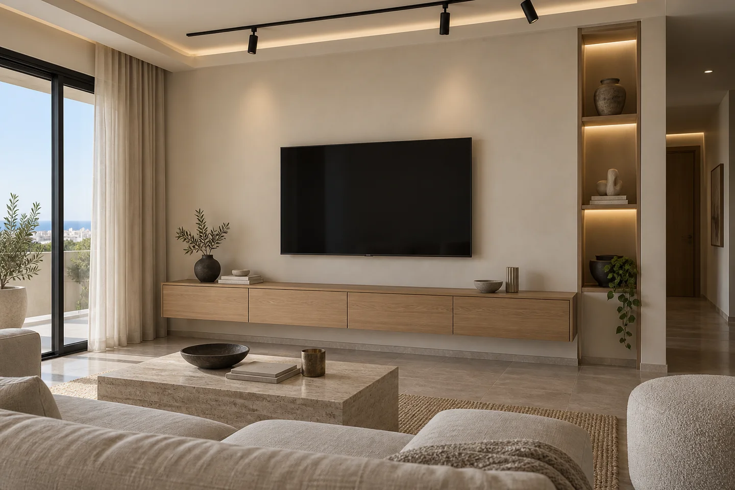 Salon avec mur TV, niches et rangements intégrés