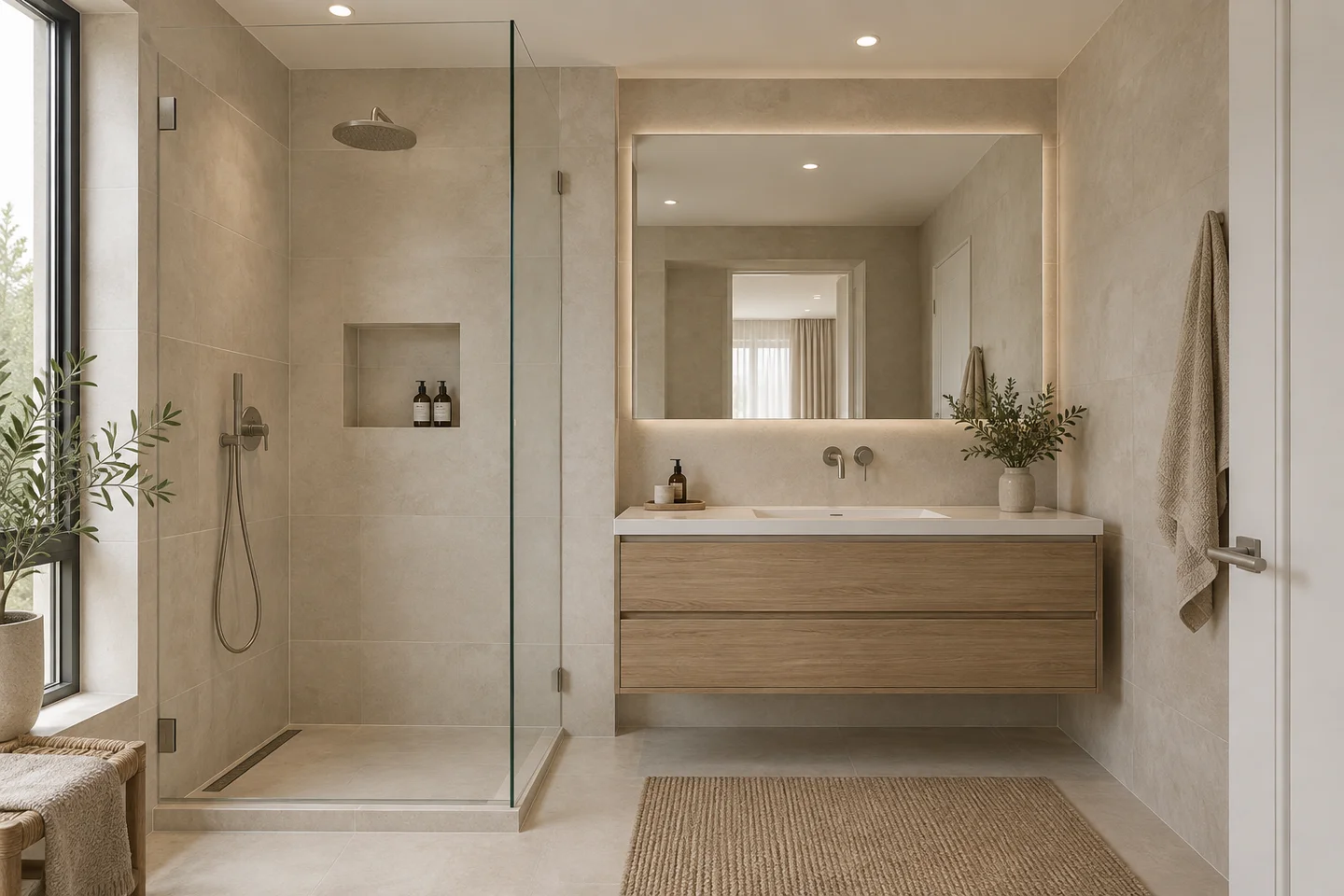 Inspiration de salle de bains avec plafond sobre, niche carrelée et meuble en bois