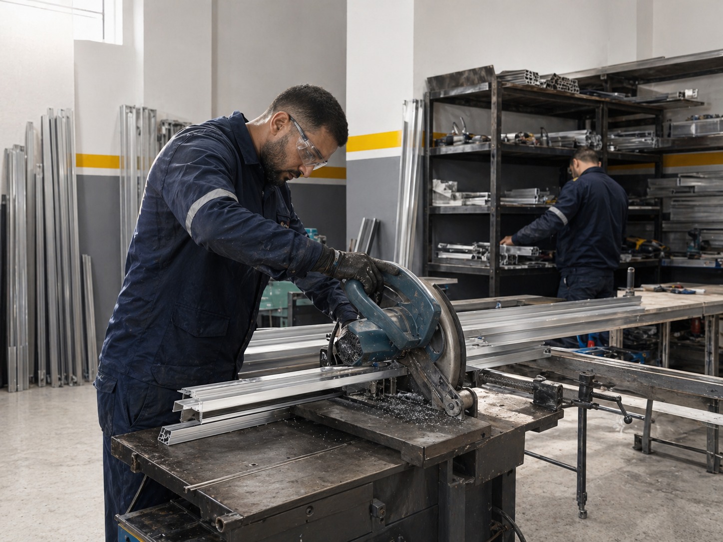 Découpe d’un profilé aluminium à la scie dans l’atelier Maison216 à Borj Cedria