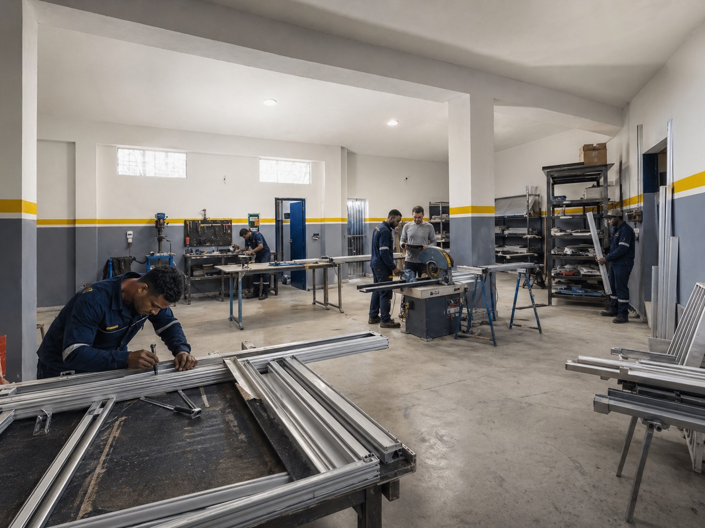 Équipe Maison216 en cours de fabrication de menuiseries aluminium en atelier