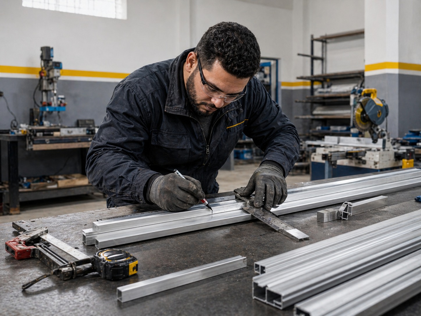 Traçage et prise de cotes sur un profilé aluminium, à l’équerre et au réglet