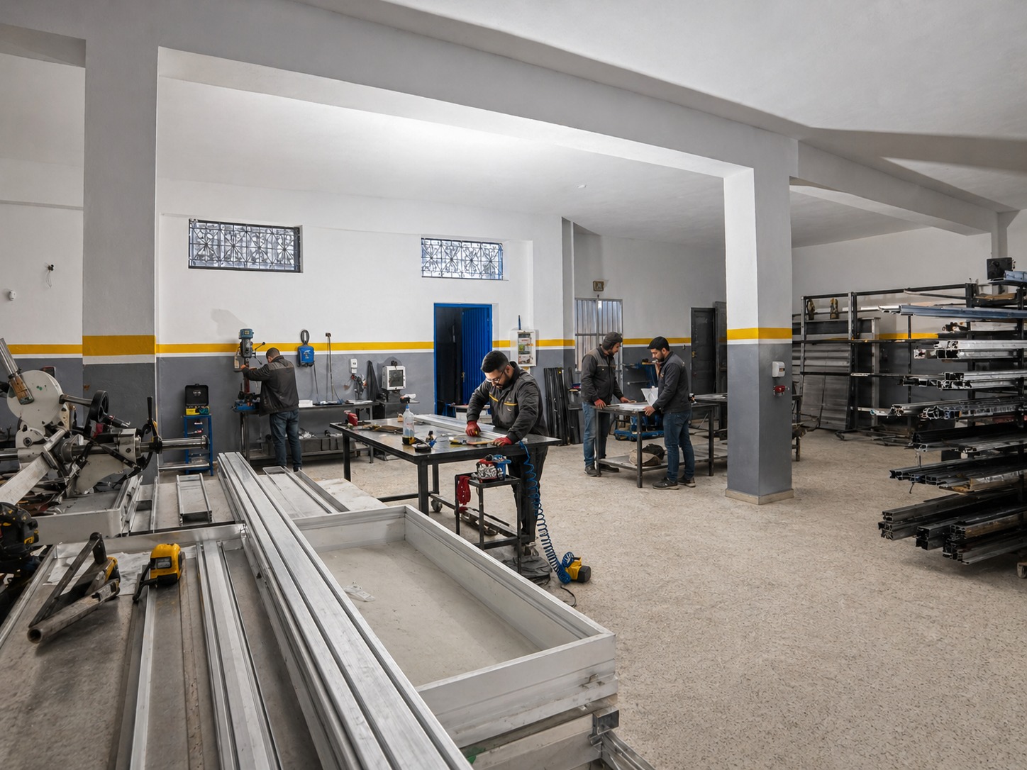 Vue d’ensemble de l’atelier Maison216 à Borj Cedria : postes de fabrication, racks de profilés aluminium et équipe au travail
