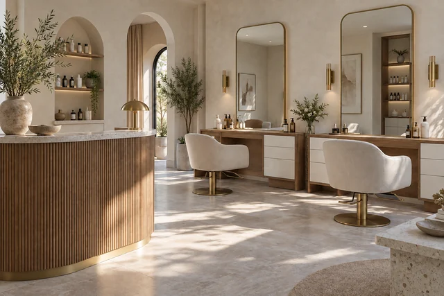 Agencement sur mesure — Un salon, une ligne commune. Crème · bois chaud · lignes arrondies