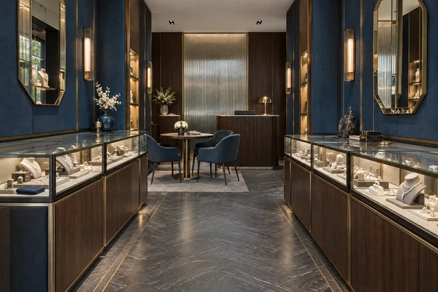 Bijouterie — Art déco contemporain. Bleu nuit · noyer · laiton