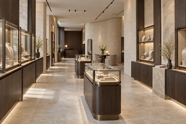 Bijouterie — Galerie minérale. Minéral clair · bois fumé · bronze
