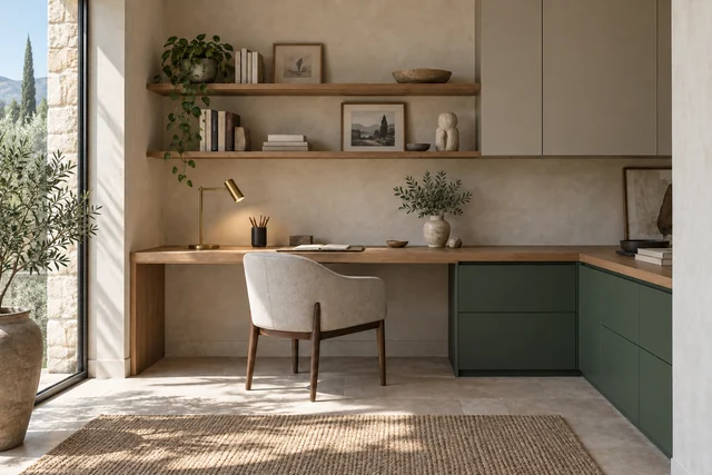 Agencement sur mesure — Bureau à la maison. Bois clair · vert profond