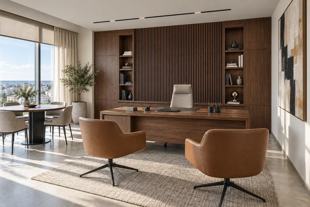 Bureau de direction — Élégance intemporelle. Noyer · cognac · ivoire