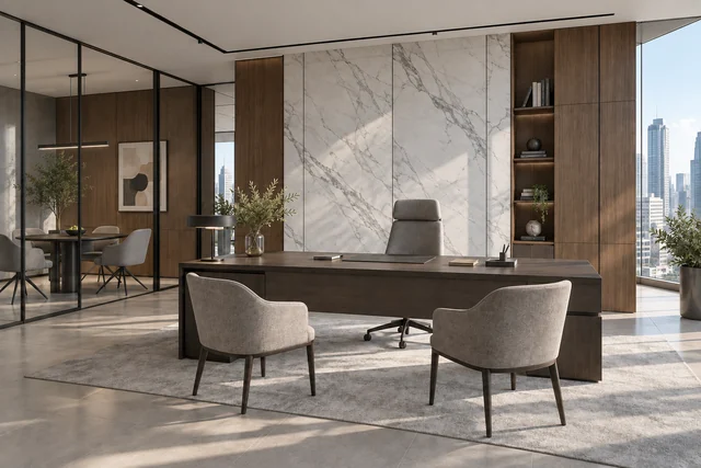 Bureau de direction — Direction contemporaine. Graphite · blanc veiné · noyer