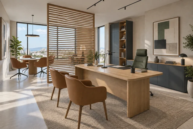 Bureau de direction — Esprit créatif. Bois clair · bleu grisé · vert