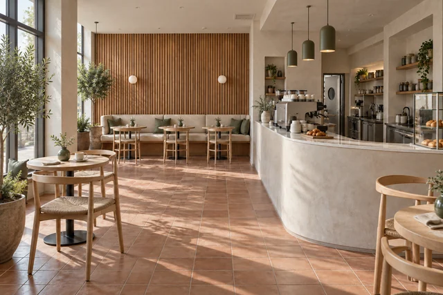 Café — Méditerranéen. Bois clair · terre cuite · sable