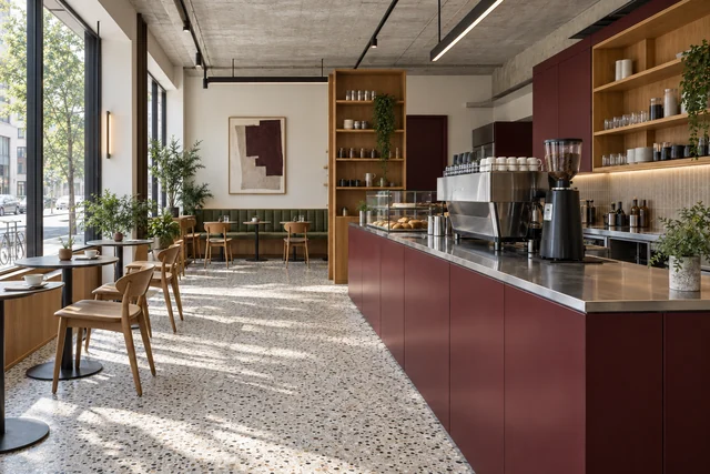 Café — Urbain chaleureux. Bordeaux · chêne miel · acier
