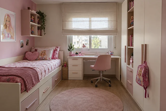 Le studio Barbie — Rose doux · framboise · ivoire. Pièce indicative 3,5 × 4 m