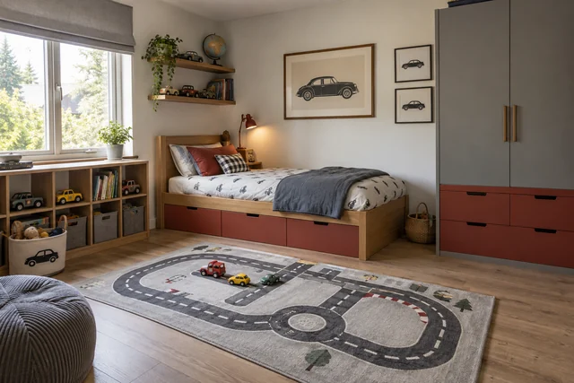 Le petit circuit — Rouge brique · gris · chêne. Pièce indicative 3 × 3,5 m