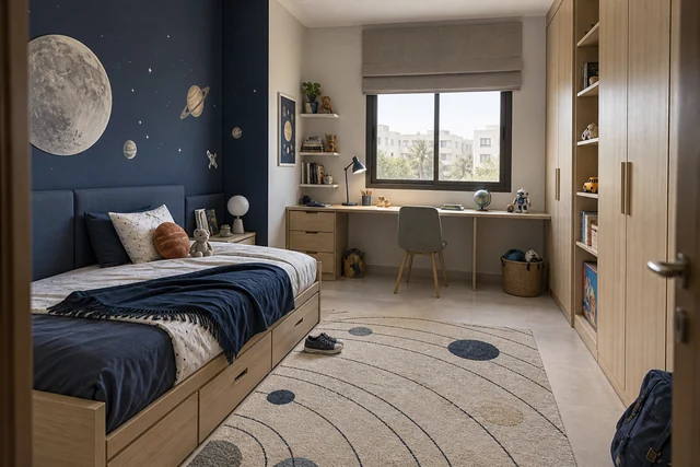Cap sur les étoiles — Bleu nuit · gris perle · bois clair. Pièce indicative 3 × 4 m