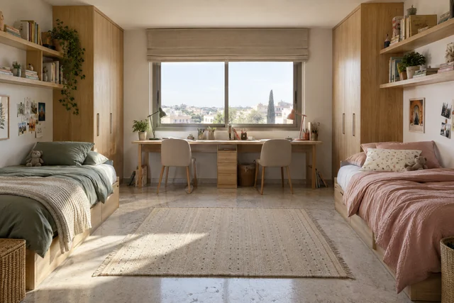 Une chambre pour deux — Sauge · argile · bois clair. Pièce indicative 4 × 4 m