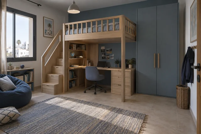 Le coin en hauteur — Bleu grisé · chêne. Pièce indicative 3 × 4 m
