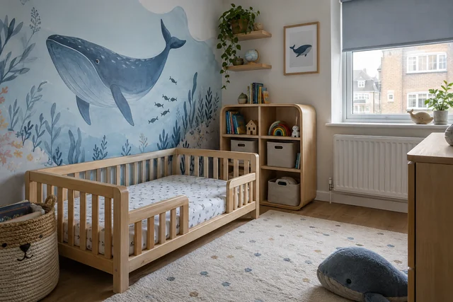 Les petits océans — Bleu brume · crème · bois clair. Pièce indicative 3 × 3,2 m