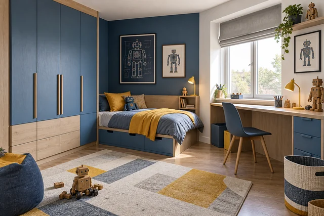 L’atelier des robots — Chêne · bleu doux · jaune. Pièce indicative 3,5 × 4 m