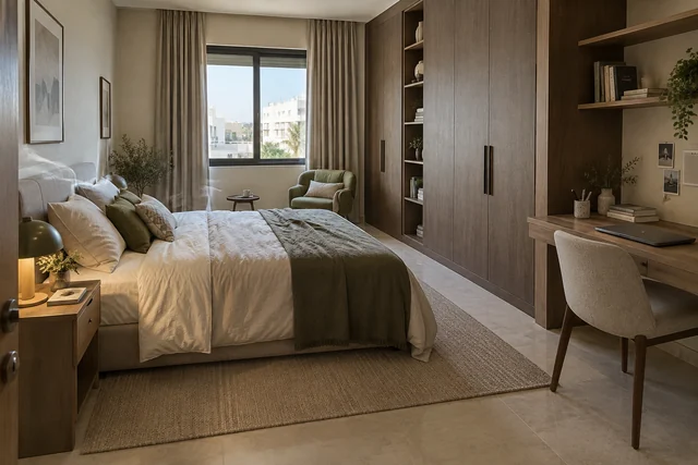 La chambre studio — Chêne fumé · sable · olive. Pièce indicative 4 × 4,5 m