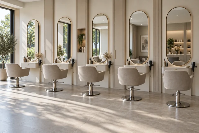 Postes de coiffure — Compact & arrondi. Consoles arrondies · rangement vertical