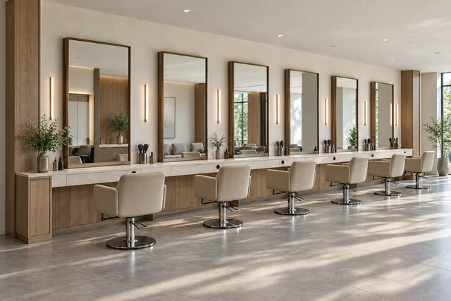 Postes de coiffure — Ligne modulaire. Plan continu · tiroirs par poste