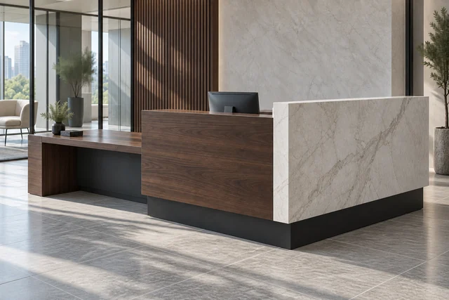 Bureaux professionnels — Banque de réception. Bois fumé · minéral clair