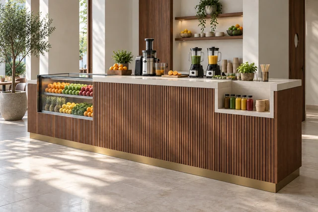 Bar à jus — Commande & retrait. Noyer · crème · bronze