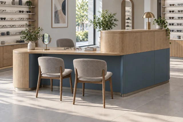 Opticien — Accueil & ajustage. Bois clair · bleu doux