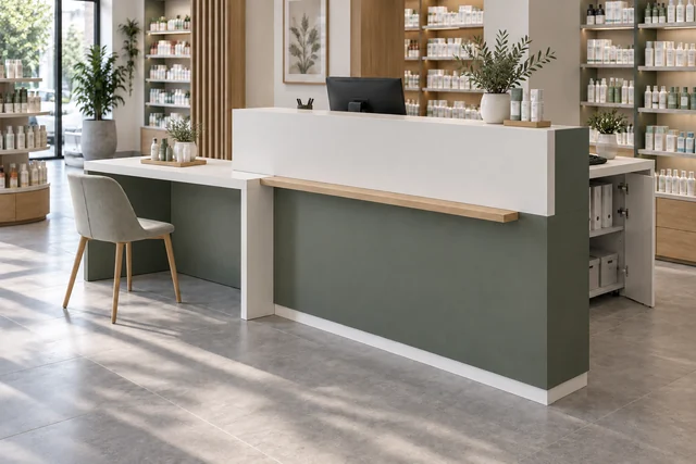 Parapharmacie — Conseil & rangement. Sauge · bois clair