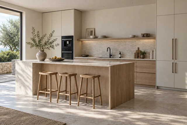 Agencement sur mesure — Cuisine claire & chaleureuse. Crème · bois clair