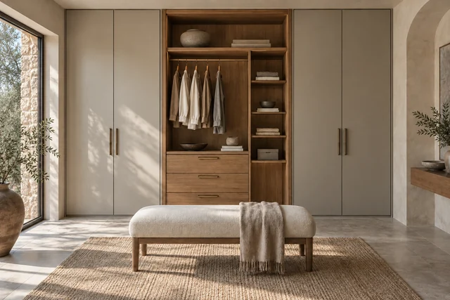 Agencement sur mesure — Dressing organisé. Bois clair · éclairage intégré