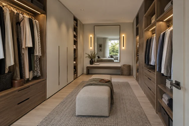 Un côté pour chacun — Sable · noyer. Inspiration de pièce 3 × 4 m