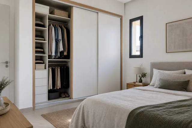 Le coulissant compact — Blanc mat · chêne. Inspiration de pièce 3 × 4 m