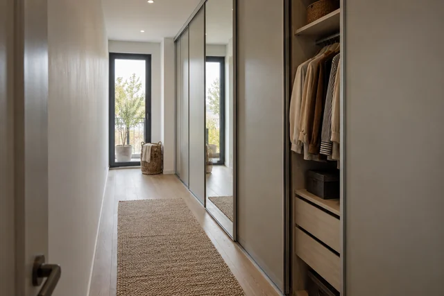 Le passage aménagé — Grège · miroir. Inspiration de pièce 1,6 × 3,4 m