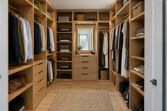 Le dressing en U — Bois miel · lin. Inspiration de pièce 2,8 × 3 m