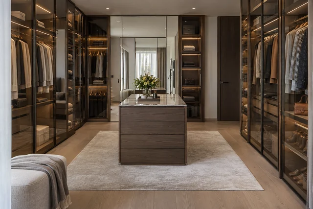 L’îlot central — Chêne fumé · verre bronze. Inspiration de pièce 4 × 4,5 m