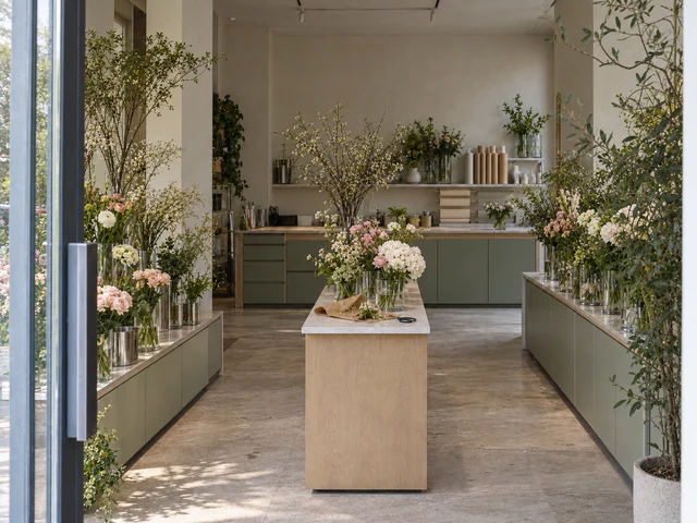 Boutique de fleuriste en intérieur — L’atelier végétal. Chêne clair · sauge · ivoire