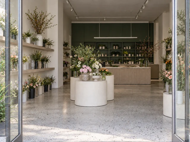 Boutique de fleuriste en intérieur — La galerie de fleurs. Minéral clair · frêne · vert profond