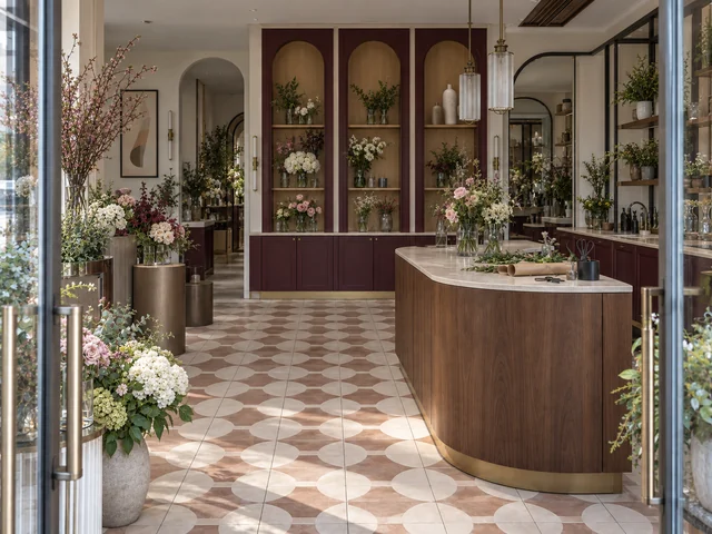 Boutique de fleuriste en intérieur — Le salon floral. Noyer · bordeaux · champagne