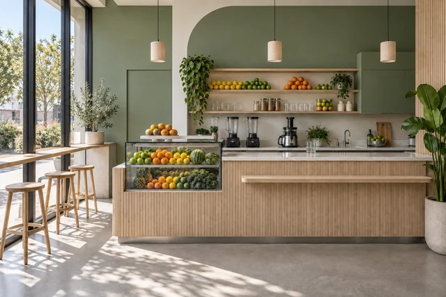Bar à jus — Fraîcheur végétale. Sauge · ivoire · bois clair