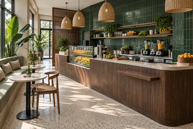 Bar à jus — Tropical sobre. Vert profond · noyer · terrazzo clair