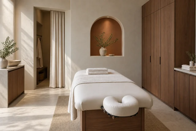 Centre de massage — Rituel méditerranéen. Sable · terre cuite · noyer