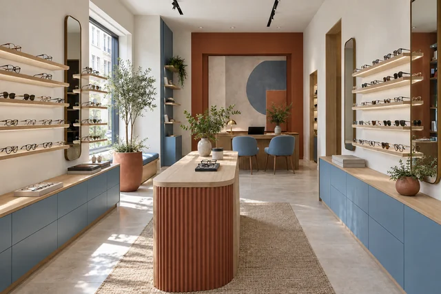 Opticien — Ligne colorée. Terre cuite · bleu grisé · bois clair