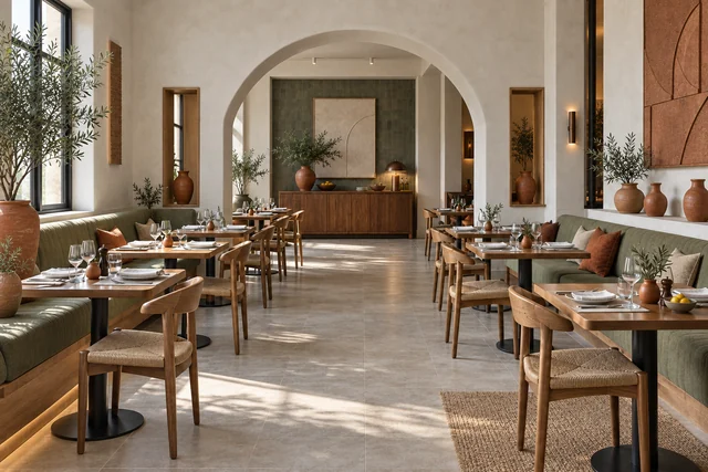 Restaurant — Table méditerranéenne. Olive · bois chaud · terre cuite