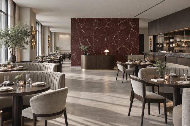 Restaurant — Minéral sculptural. Greige · bois sombre · bordeaux veiné